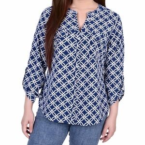 NY Collection Navy and White Geometric Button Down Shirt